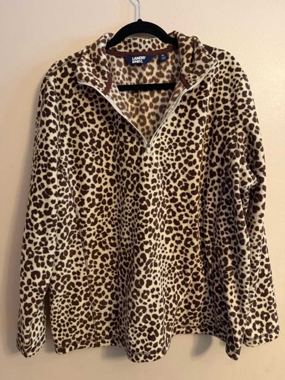 Lands' End Leopard-Print Half-Zip Fleece Jacket in Cream and Brown
